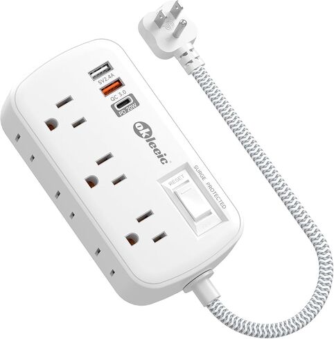 Short Extension Cord 1ft - Flat Plug Small Power Strip Surge Protetor with 6 Outlets 3 USB (5V/3.4A 17W) Charging Ports, Multi Plug Wall Outlet Splitter for Home Office Dorm Roomc, ETL Listed in Kuwait