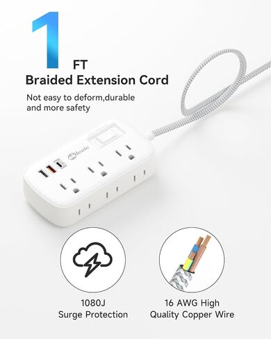 Short Extension Cord 1ft - Flat Plug Small Power Strip Surge Protetor with 6 Outlets 3 USB (5V/3.4A 17W) Charging Ports, Multi Plug Wall Outlet Splitter for Home Office Dorm Roomc, ETL Listed in Kuwait