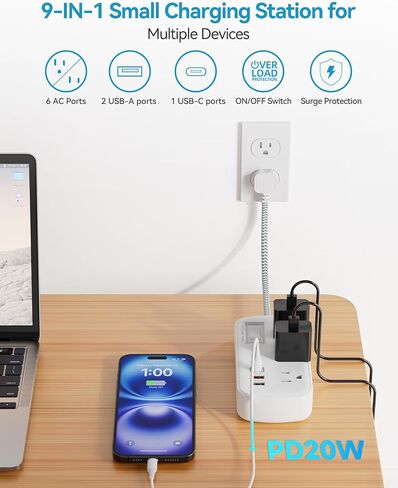 Short Extension Cord 1ft - Flat Plug Small Power Strip Surge Protetor with 6 Outlets 3 USB (5V/3.4A 17W) Charging Ports, Multi Plug Wall Outlet Splitter for Home Office Dorm Roomc, ETL Listed in Kuwait
