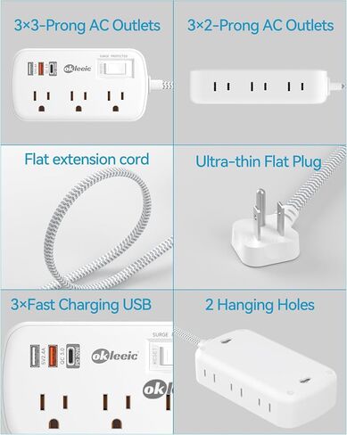 Short Extension Cord 1ft - Flat Plug Small Power Strip Surge Protetor with 6 Outlets 3 USB (5V/3.4A 17W) Charging Ports, Multi Plug Wall Outlet Splitter for Home Office Dorm Roomc, ETL Listed in Kuwait