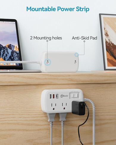 Short Extension Cord 1ft - Flat Plug Small Power Strip Surge Protetor with 6 Outlets 3 USB (5V/3.4A 17W) Charging Ports, Multi Plug Wall Outlet Splitter for Home Office Dorm Roomc, ETL Listed in Kuwait