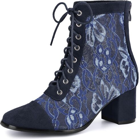 Perphy Square Toe Lace Up Flowers Lace Block Heels Ankle Boots for Women in Saudi Arabia