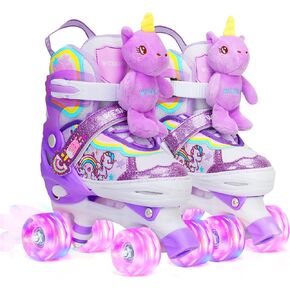 Unicorn Doll Kids Toddler Roller Skates for Girls,WESKIFAN Quad Skating Shoes with Shiny Light up Wheels&Adjustable Sizes Beginners rollerskates for Birthday Xmas Gifts,Patines para Niñas Niños