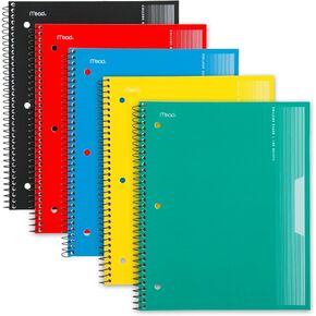 Mead Spiral Notebooks, Pack of 5, 1-Subject, College Ruled Paper, Plastic Cover, 8-1/2" x 11", 100 Sheets, Black, Yellow, Red, Blue and Green (820299)