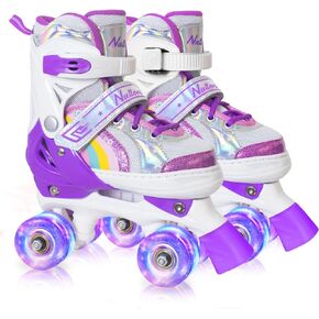 Nattork Girls Roller Skates for Kids, 4 Size Adjustable Rainbow Quad Skates with All Light Up Wheels - Best Birthday Gift for Outdoor Sports