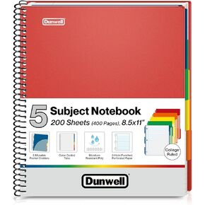 Dunwell 3-Subject Notebook College Ruled 8.5 x 11, 150 Sheets (300 Pages), Spiral Notebook 8.5x11 with Tabs, Movable Dividers, Pockets, Front/Back Plastic Covers, Multi Subject Notebook