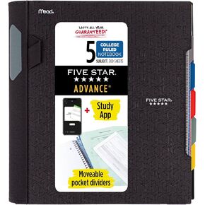 Five Star Spiral Notebook + Study App, 5 Subject, College Ruled Paper, Advance Notebook with Spiral Guard, Movable Tabbed Dividers and Expanding Pockets, 8-1/2" x 11", 200 Sheets, Blue (73150)