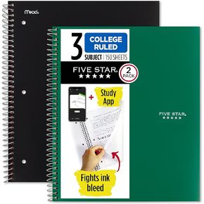 Five Star Spiral Notebooks + Study App, 2 Pack, 3 Subject, College Ruled Paper, 11" x 8-1/2", 150 Sheets, Black, White (73015)