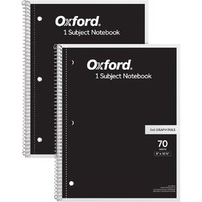 Oxford Spiral Notebook 2 Pack, 1 Subject, 5 x 5 Graph Paper, 8-1/2 x 10-1/2 Inches, Black Covers, 70 Perforated Sheets (65214)
