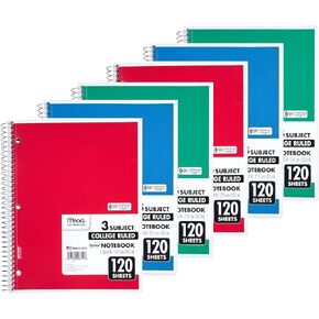 Mead Small Spiral Notebook, 3-Subject, College Ruled Paper, 9-1/2" x 5-1/2", 150 Sheets per Notebook, Color Will Vary, 1 Count (06900)