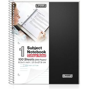 Dunwell 1 Subject Spiral Notebook 8.5 x 11 – Blue Plastic Cover College Ruled Notebook, 100 Sheets, One Subject Notebook with Perforated Paper, 2 Inner Pockets, Spiral Notebook for School Note Taking
