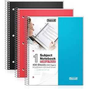 Dunwell 1 Subject Spiral Notebook 8.5 x 11 – Blue Plastic Cover College Ruled Notebook, 100 Sheets, One Subject Notebook with Perforated Paper, 2 Inner Pockets, Spiral Notebook for School Note Taking