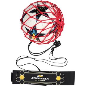 PodiuMax Hands-Free Soccer Kick/Throw Trainer, New Ball Locked Net Design, Adjustable Waist Belt & Cord Suit for All Levels (Fits Ball Size 3, 4, 5)