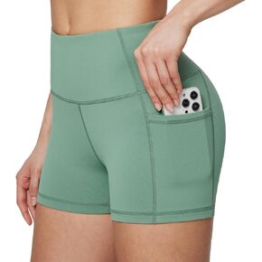 BALEAF Biker Shorts Women Yoga Gym Workout Spandex Running Volleyball Tummy Control Compression Shorts with Pockets 3" Green XS