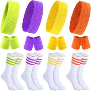 Hillban Sweatbands Striped Socks Set Sports Cotton Headband Wristband 80s Workout Athletic Accessory for Carnival Mardi Gras