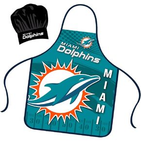 Miami Dolphins Apron Chef Hat Set Full Color Universal Size Tie Back Grilling Tailgate BBQ Cooking Host