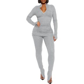 Kaximil Women's Sexy 2 Piece Outfits Sweatsuits Half Zip Tracksuit Long Sleeve Ribbed Legging Pants Set