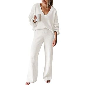 VamJump Women's 2 Piece Outfits V Neck Long Sleeve Sweater Pullover Top Wide Leg Pants Sweatsuit Lounge Sets