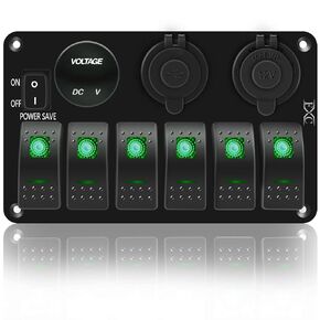FXC Waterproof Marine Boat Rocker Switch Panel 6 Gang with 3.1A Dual USB Slot Socket + Cigarette Lighter +LED Voltmeter with Power-Save for Car Rv Vehicles Truck (6 Gang Blue LED)