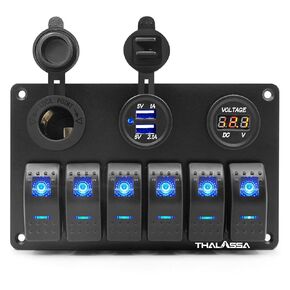 Aluminum 6 Gang Marine Rocker Switch Panel Waterproof for Boat Circuit Breaker Protected, Digital Voltage Display, PD QC3.0 USB Port,12V DC Power Socket for Trailer Bus Car Truck RV Vehicles Yacht