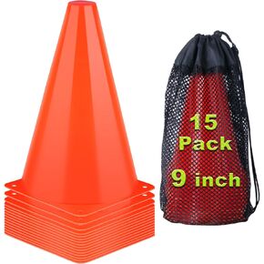 9 Inch Cones Sports, 15 Pack Orange Soccer Cones Training Agility Field Marker Plastic Traffic Cones for Football Basketball Drills Multipurpose Practice, Indoor Outdoor Games Activity Party Events