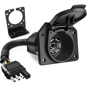 MICTUNING 4-Way Flat to 7-Way Round RV Blade Trailer Adapter Plug with Mounting Bracket