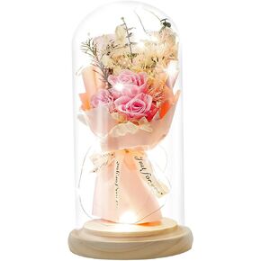 HVY Preserved Flowers Gifts for Her,Preserved Rose Bouquet in Glass Dome, Light Up Rose Gifts Perfect for Mother's Day Anniversary Birthday for Mom Sister Girlfriend Wife,Pink Rose