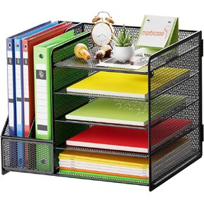 Marbrasse Desk Organizer with File Holder, 5-Tier Paper Letter Tray Organizer, Mesh Desk Organizers and Accessories with Magazine Holder, Desktop Organizer and Storage for Office Supplies (Black)