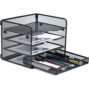 SETTFRFE 4 Tier Mesh Paper Letter Tray,Desk File Organizer with A Sliding Drawer,Office Supplies Desk Organizer for Home Office,Black.