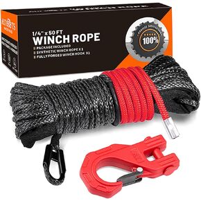 AUTOBOTS Synthetic Winch Rope 1/4" X 50 Ft，Max 9500lbs Winch Rope with Heavy Duty 3/8 Winch Hook，Winch Rope Cable Line with Protective Sleeve for Off Road Vehicle ATV UTV Black