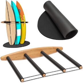 Surfboard Rack - Sustainable Wooden Wall Mount with Rubber Mat, Vertical Storage for Surf board SUP Paddle Board Snowboard & Wakeboard, Perfect Stand to Store Your Board, Holder for 3-4 Boards
