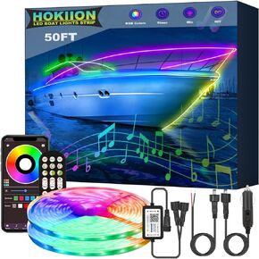 HOKIION 60FT Boat Lights Marine LED Strip Lights, IP66 Waterproof Pontoon Boat Light, 12V RGB Boat Interior Lights, Night Fishing Lights for Jon Boat, Bass Boat, Cabin, Deck, APP/RF Control