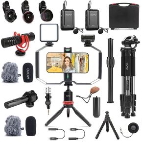 Movo iVlog5 Director’s Vlogging Kit for iPhone - Lightning Compatible YouTube Starter Kit - Accessories: Tripod, Phone Stand, Lens, Mics, Light Vlog Kit - Kids Youtuber Starter iPhone Vlogging Kit