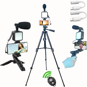 Vlogging Kit for iPhone, Vlogging kit for Android Phone,YouTube Starter Kit with Two Tripods Light Microphone Remote and Jack Adapter