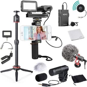 Movo V8 Huge Vlogging Kit for iPhone with Tripod, Grip, Microphones, LED Lights, and Wireless Remote Vlog Kit - YouTube Starter Kit for iPhone or Samsung - iPhone Vlogging Kit Equipment