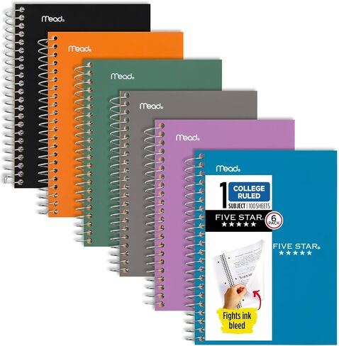 Five Star Personal Size Spiral Notebooks, 6 Pack, 1 Subject, College Ruled Paper, Fights Ink Bleed, Water Resistant Cover, 7" x 4-3/8", 100 Sheets, Purple, Orange, Green, Blue, Gray, Black (38028) in Saudi Arabia