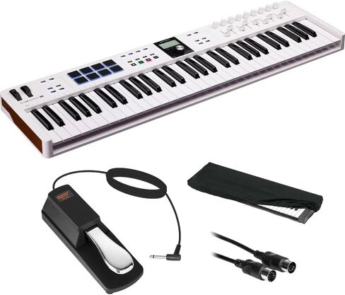 Arturia 231531 KeyLab Essential mk3 61-Key Universal MIDI Controller and Software (أبيض) مع دواسة Auray FP-P1L المستدامة، وكابل Hosa MID-310 MIDI، وغطاء مفاتيح متوسط ​​الحجم 61-67 للبيانو in Saudi Arabia