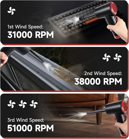 منفضة هواء مضغوطة كهربائية لاسلكية من OTAO - 51000 دورة في الدقيقة، 3 سرعات، منظف لوحة مفاتيح شحن USB سريع مع ضوء LED لإزالة الغبار/تنظيف إلكترونيات الكمبيوتر، استبدال علبة الهواء/المضخة in Kuwait