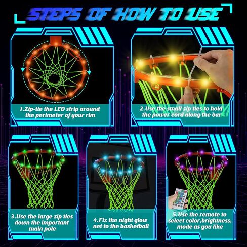 2 Pcs Glow in The Dark Basketball Accessories for Boys Girls Include LED Basketball Lights for Hoop Outdoor Luminous Nightlight Basketball Net 16 Colors Change Remote Control Basketball Rim LED Light in Saudi Arabia