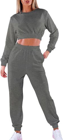 Mokoru Women's Workout 2 Piece Outfits Tracksuit Long Sleeve Crop Tops Joggers Pants Sets Sweatsuits in Saudi Arabia