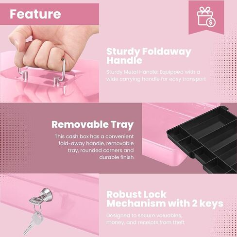 صندوق نقود Flexzion مع صينية نقود وقفل - صندوق نقود معدني للشركات الصغيرة، صندوق نقود وردي مكون من 9 أقسام مع قفل ومفتاح للنقود الصغيرة والشيكات والعملات المعدنية وصندوق نقود محمول لتخزين النقود in Kuwait