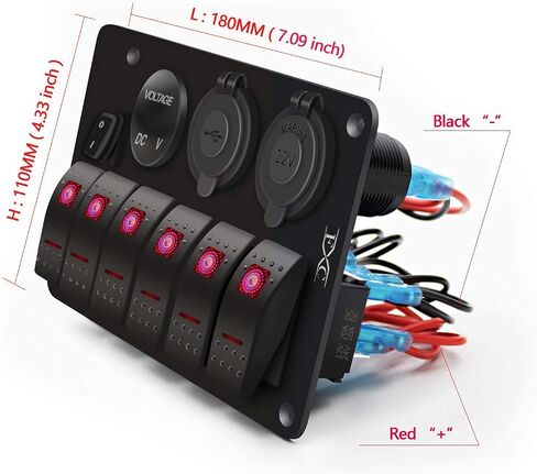 لوحة مفاتيح هزازة للقوارب البحرية المقاومة للماء من FXC، 6 عصابات مع مقبس فتحة USB مزدوج 3.1 أمبير + ولاعة سجائر + فولتميتر LED مع توفير الطاقة لشاحنة السيارات والمركبات RV (6 عصابات LED زرقاء) in Kuwait