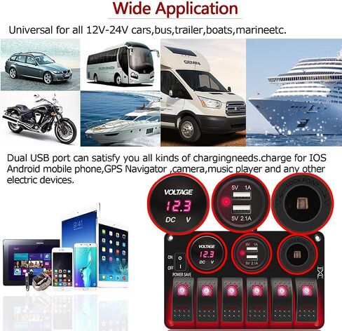 لوحة مفاتيح هزازة للقوارب البحرية المقاومة للماء من FXC، 6 عصابات مع مقبس فتحة USB مزدوج 3.1 أمبير + ولاعة سجائر + فولتميتر LED مع توفير الطاقة لشاحنة السيارات والمركبات RV (6 عصابات LED زرقاء) in Kuwait