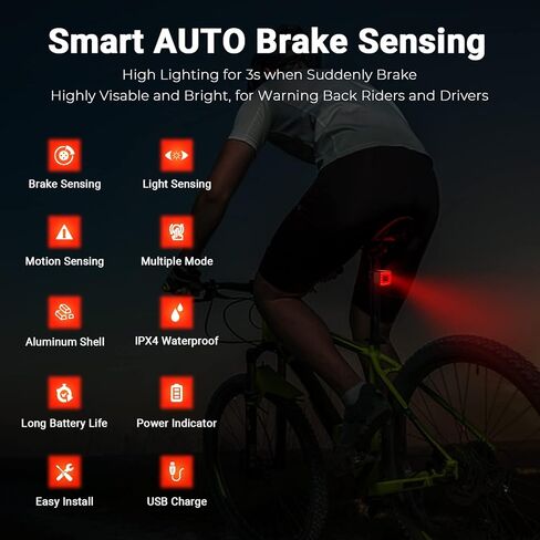 مصباح خلفي للدراجة الذكية من HLOMOM مع ضوء فرامل تلقائي، قابل لإعادة الشحن عبر USB، ضوء دراجة تحذيري للسلامة، ملحقات إضاءة الدراجة تناسب أي دراجة طريق in Kuwait