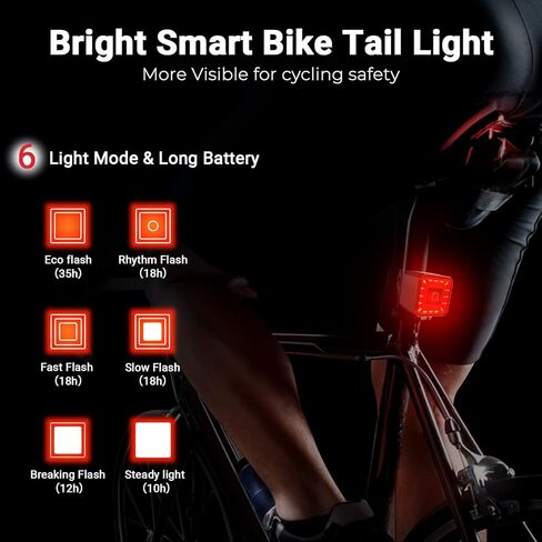 مصباح خلفي للدراجة الذكية من HLOMOM مع ضوء فرامل تلقائي، قابل لإعادة الشحن عبر USB، ضوء دراجة تحذيري للسلامة، ملحقات إضاءة الدراجة تناسب أي دراجة طريق in Kuwait