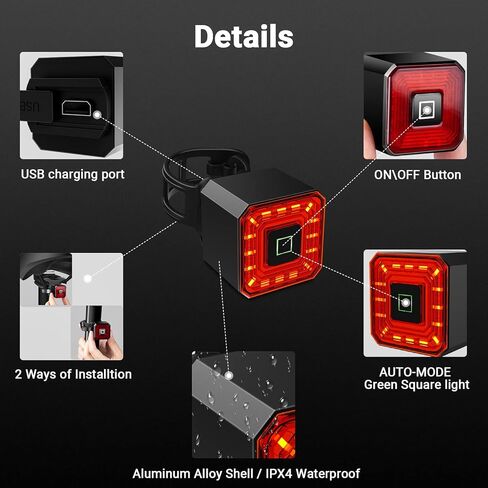 مصباح خلفي للدراجة الذكية من HLOMOM مع ضوء فرامل تلقائي، قابل لإعادة الشحن عبر USB، ضوء دراجة تحذيري للسلامة، ملحقات إضاءة الدراجة تناسب أي دراجة طريق in Kuwait