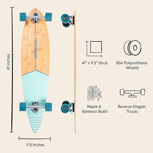 Retrospec Zed Pintail Longboard لوح التزلج الطراد الكامل | طراد من خشب الخيزران وخشب القيقب الكندي مع شاحنات Kingpin العكسية للتنقل والتجول والنحت وركوب المنحدرات in Saudi Arabia
