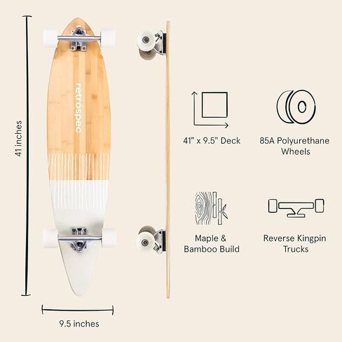 Retrospec Zed Pintail Longboard لوح التزلج الطراد الكامل | طراد من خشب الخيزران وخشب القيقب الكندي مع شاحنات Kingpin العكسية للتنقل والتجول والنحت وركوب المنحدرات in Saudi Arabia