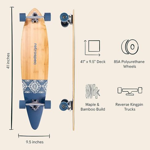 Retrospec Zed Pintail Longboard لوح التزلج الطراد الكامل | طراد من خشب الخيزران وخشب القيقب الكندي مع شاحنات Kingpin العكسية للتنقل والتجول والنحت وركوب المنحدرات in Saudi Arabia