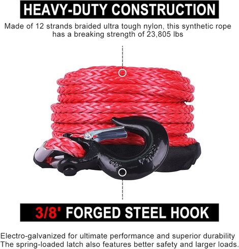 GRIPWAY 3/8" x 85' 23805LBs حبل كابل ونش صناعي مع كم حماية أسود لـ ATV UTV (أحمر) in Kuwait